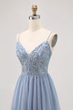Robe courte de balle en tulle trapèze gris bleu avec perles