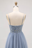 Robe courte de balle en tulle trapèze gris bleu avec perles