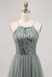 Robe courte à paillettes en tulle trapèze gris vert avec paillettes