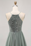 Robe courte à paillettes en tulle trapèze gris vert avec paillettes