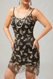 Noir Doré Spaghetti Straps Paillettes Robe des années 1920 avec Accessoires Set