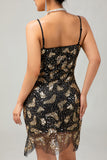 Noir Doré Spaghetti Straps Paillettes Robe des années 1920 avec Accessoires Set