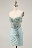 Robe de cocktail moulante sans bretelles à sequins gris vert