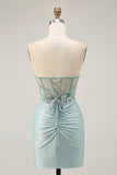 Robe de cocktail moulante sans bretelles à sequins gris vert