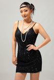 Robe moulante à paillettes noires scintillantes à col en V des années 1920