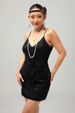 Robe moulante à paillettes noires scintillantes à col en V des années 1920