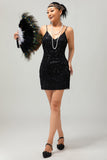 Robe moulante à paillettes noires scintillantes à col en V des années 1920