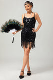 Robe courte à paillettes noires scintillantes Gatsby des années 1920 avec franges