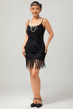 Ensemble de robe noire à bretelles spaghetti à paillettes à paillettes des années 1920 avec accessoires