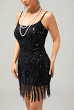 Ensemble de robe noire à bretelles spaghetti à paillettes à paillettes des années 1920 avec accessoires