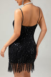 Ensemble de robe noire à bretelles spaghetti à paillettes à paillettes des années 1920 avec accessoires
