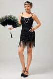 Robe courte à paillettes noires scintillantes Gatsby des années 1920 avec franges