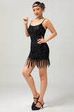 Robe courte à paillettes noires scintillantes Gatsby des années 1920 avec franges