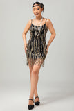 Robe courte noire à paillettes dorées Gatsby des années 1920 avec franges