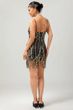 Robe courte noire à paillettes dorées Gatsby des années 1920 avec franges