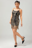 Robe courte noire à paillettes dorées Gatsby des années 1920 avec franges