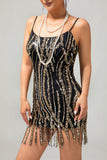 Robe courte noire à paillettes dorées Gatsby des années 1920 avec franges