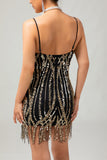 Robe courte noire à paillettes dorées Gatsby des années 1920 avec franges
