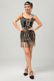 Robe courte noire à paillettes dorées Gatsby des années 1920 avec franges