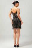 Robe courte moulante noire à sequins dorés des années 1920