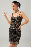 Robe courte moulante noire à sequins dorés des années 1920