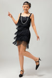 Robe courte moulante moulante à sequins noirs des années 1920 avec franges