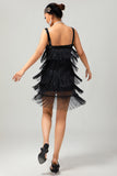 Robe courte moulante moulante à sequins noirs des années 1920 avec franges
