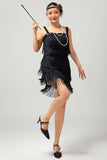 Robe courte moulante moulante à sequins noirs des années 1920 avec franges