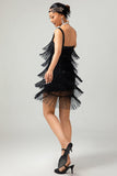 Robe courte moulante moulante à sequins noirs des années 1920 avec franges