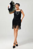 Robe courte moulante moulante à sequins noirs des années 1920 avec franges