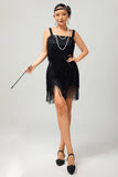 Robe courte moulante moulante à sequins noirs des années 1920 avec franges