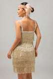 Robe courte moulante moulante à sequins noirs des années 1920 avec franges
