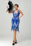 Robe courte à paillettes bleu royal Gatsby des années 1920 avec franges