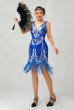 Robe courte à paillettes bleu royal Gatsby des années 1920 avec franges