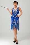 Robe courte à paillettes bleu royal Gatsby des années 1920 avec franges