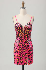 Fuchsia moulante spaghetti bretelles paillettes Robe de bal avec fente