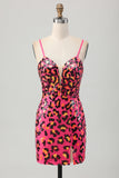 Fuchsia moulante spaghetti bretelles paillettes Robe de bal avec fente