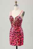 Fuchsia moulante spaghetti bretelles paillettes Robe de bal avec fente