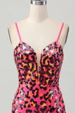 Fuchsia moulante spaghetti bretelles paillettes Robe de bal avec fente