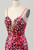 Fuchsia moulante spaghetti bretelles paillettes Robe de bal avec fente