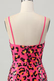 Fuchsia moulante spaghetti bretelles paillettes Robe de bal avec fente
