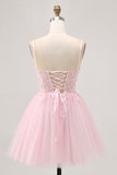 Robe de cocktail en tulle corset rose à corset avec appliques