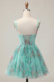 Corset vert Robe courte de bal florale trapèze avec lacets dans le dos