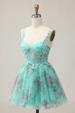 Corset vert Robe courte de bal florale trapèze avec lacets dans le dos