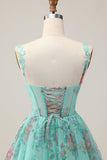 Corset vert Robe courte de bal florale trapèze avec lacets dans le dos