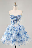 Robe de bal imprimée à paillettes a-ligne fleurs bleues blanches