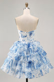 Robe de bal imprimée à paillettes a-ligne fleurs bleues blanches