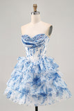 Robe de bal imprimée à paillettes a-ligne fleurs bleues blanches