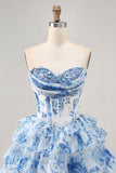 Robe de bal imprimée à paillettes a-ligne fleurs bleues blanches