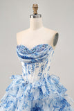 Robe de bal imprimée à paillettes a-ligne fleurs bleues blanches